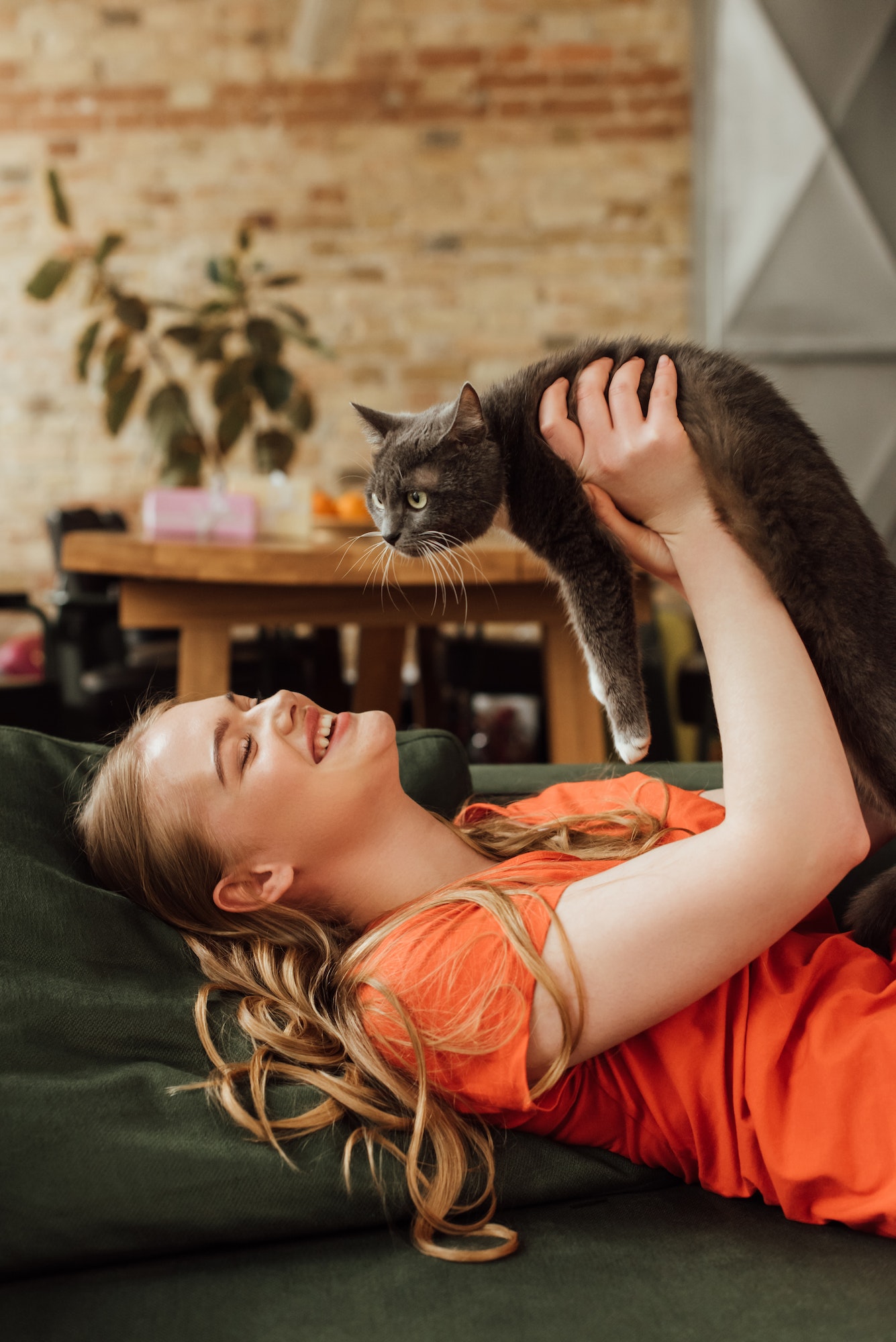 cheerful woman lying on sofa and holding in arms cute cat